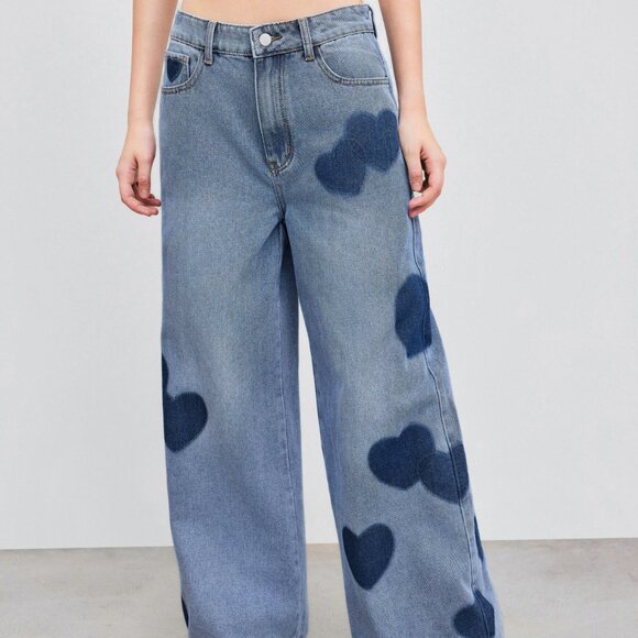 Pants - Mid Rise Heart Print Baggy Patterned Jeans Trousers